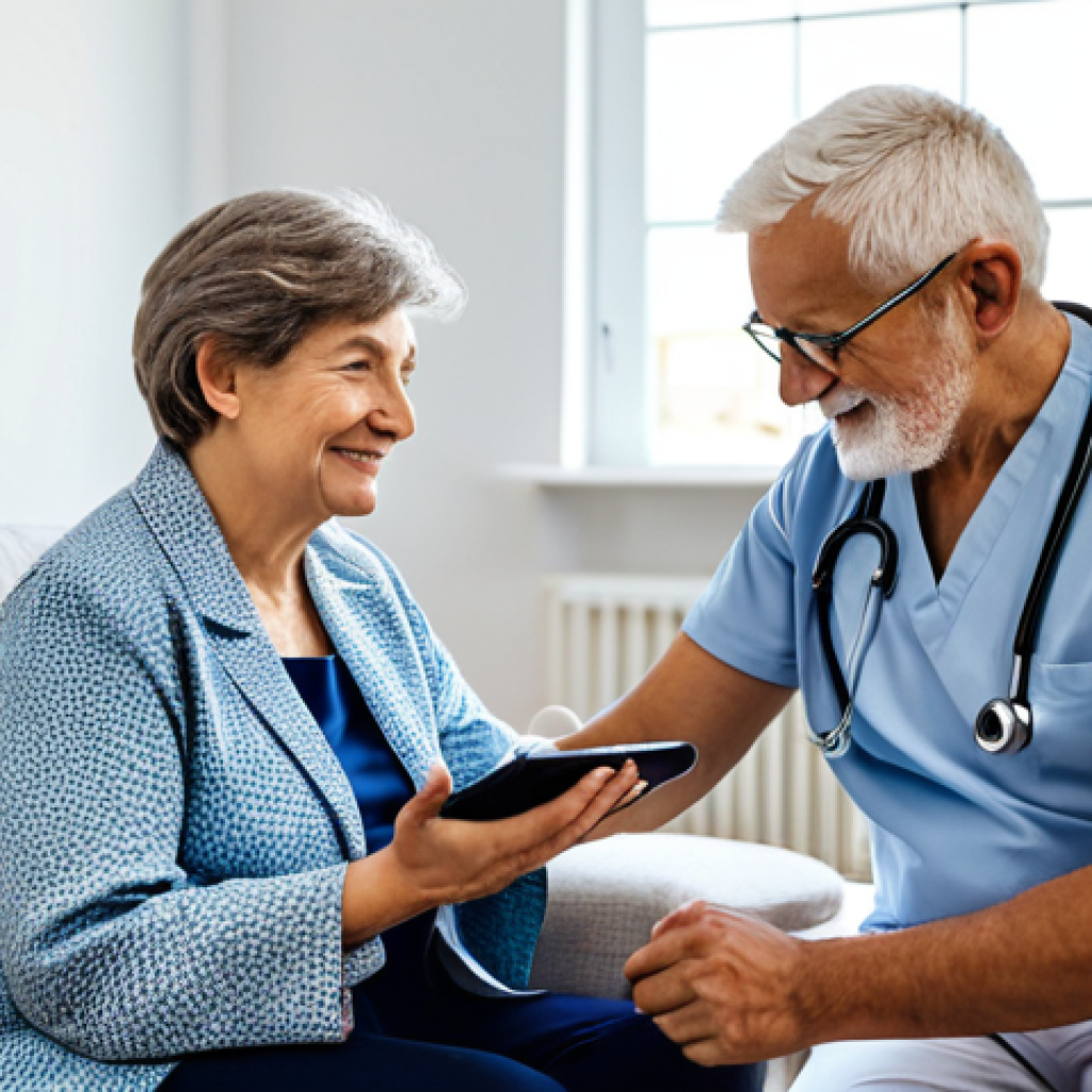 **
A doctor in a bright, modern office consults with a senior woman via a tablet. The woman is sitting comfortably in her living room, fully clothed. The background includes a warm, inviting home environment. Focus on the compassionate interaction and ease of use. Safe for work, appropriate content, fully clothed, professional, family-friendly, perfect anatomy, correct proportions, natural pose, well-formed hands, proper finger count, natural body proportions, high quality.
**