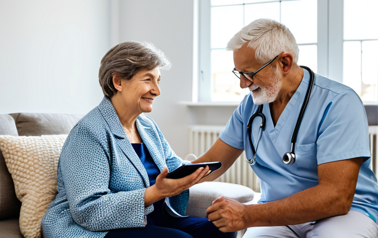 **
A doctor in a bright, modern office consults with a senior woman via a tablet. The woman is sitting comfortably in her living room, fully clothed. The background includes a warm, inviting home environment. Focus on the compassionate interaction and ease of use. Safe for work, appropriate content, fully clothed, professional, family-friendly, perfect anatomy, correct proportions, natural pose, well-formed hands, proper finger count, natural body proportions, high quality.
**