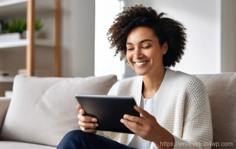 원격의료 서비스의 글로벌 트렌드 - **Prompt:** A diverse woman, aged 30-40, with a warm smile, is seated comfortably in her modern, wel...