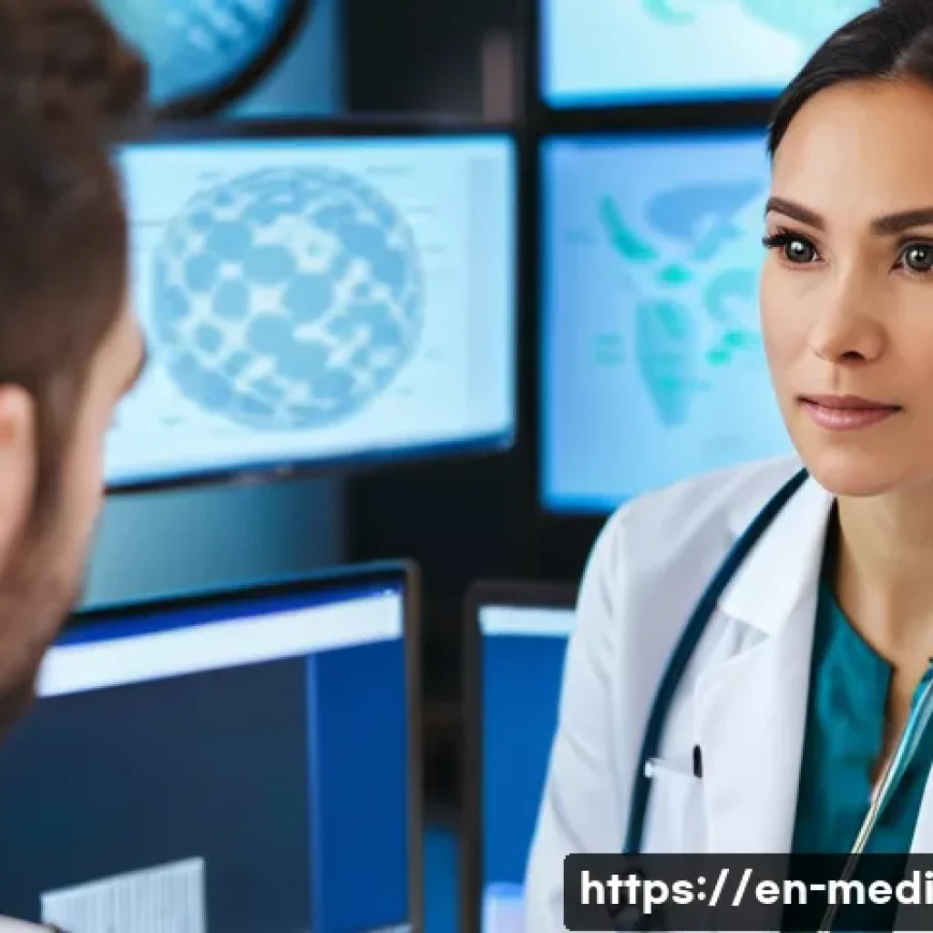 원격의료 서비스의 의료법적 고려사항 - **Telehealth Licensing Across Borders:** A professional female doctor, appearing to be in her late 3...