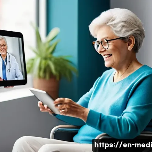 Home 33 원격의료 서비스와 지속 가능한 발전 - A modern telehealth consultation scene showing a diverse elderly woman in comfortable casual clothes...