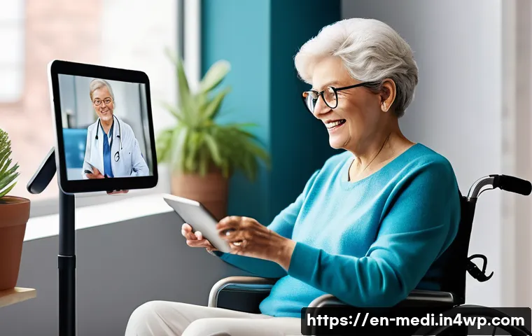 원격의료 서비스와 지속 가능한 발전 - A modern telehealth consultation scene showing a diverse elderly woman in comfortable casual clothes...