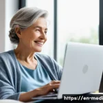 Home 20 원격의료 서비스의 이용자 인터뷰 및 피드백 - A warm, inviting home setting showing a middle-aged woman sitting comfortably on a cozy armchair, us...
