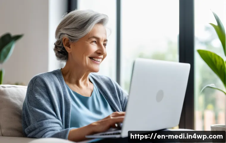 원격의료 서비스의 이용자 인터뷰 및 피드백 - A warm, inviting home setting showing a middle-aged woman sitting comfortably on a cozy armchair, us...