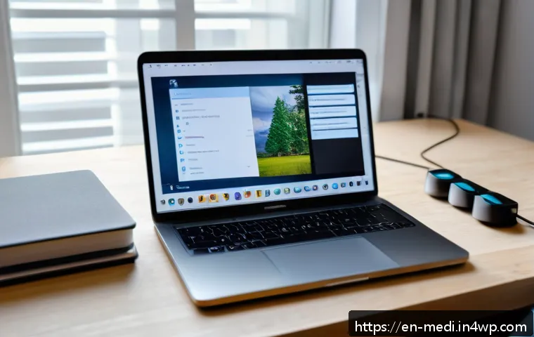 원격의료 서비스 이용 시 주의사항 - A cozy, well-lit home office setup for a telemedicine appointment, featuring a modern laptop on a cl...