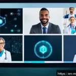 Home 18 원격의료 서비스의 환자 데이터 관리 - A high-tech telehealth consultation scene showing a diverse healthcare provider and patient communic...