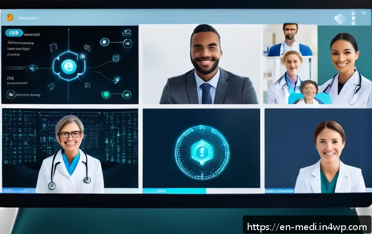 원격의료 서비스의 환자 데이터 관리 - A high-tech telehealth consultation scene showing a diverse healthcare provider and patient communic...