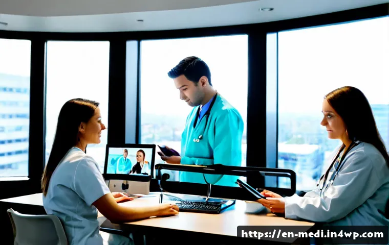 원격의료를 위한 의료진 교육 방안 - Photorealistic telehealth training workshop in a modern American medical education center, experienc...