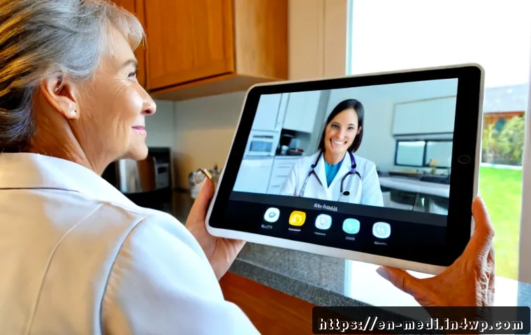원격의료의 사용자 친화적 디자인 - Photorealistic telemedicine consultation in a bright, comfortable suburban home, friendly senior wom...